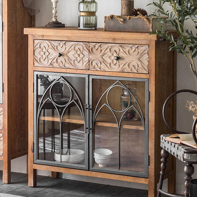 Wooden Traditional Curio Cabinet Glass Doors Display Stand with Drawers
