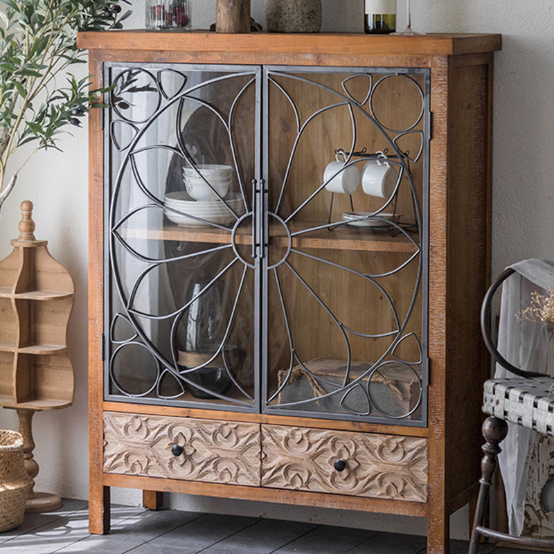 Wooden Traditional Curio Cabinet Glass Doors Display Stand with Drawers