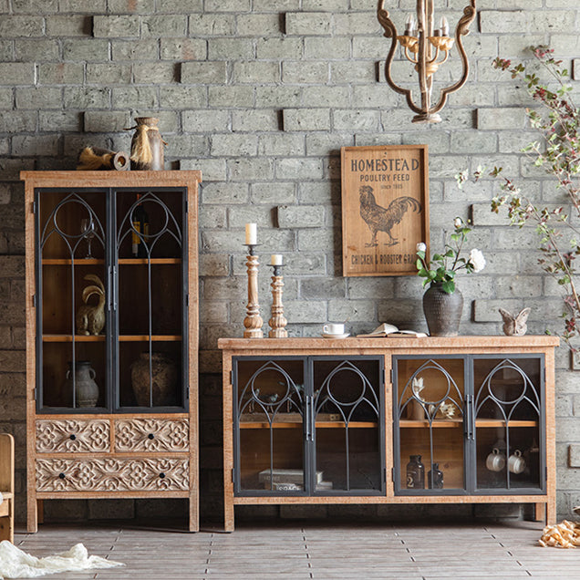 Wooden Traditional Curio Cabinet Glass Doors Display Stand with Drawers