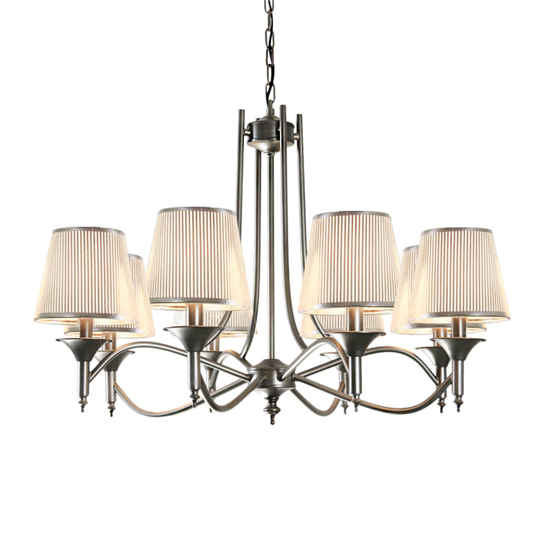 Traditional Twisted Arm Chandelier 8 Bulbs Metallic Pendant Light Kit in Silver/Blue/White and Silver with Conic Fabric Shade