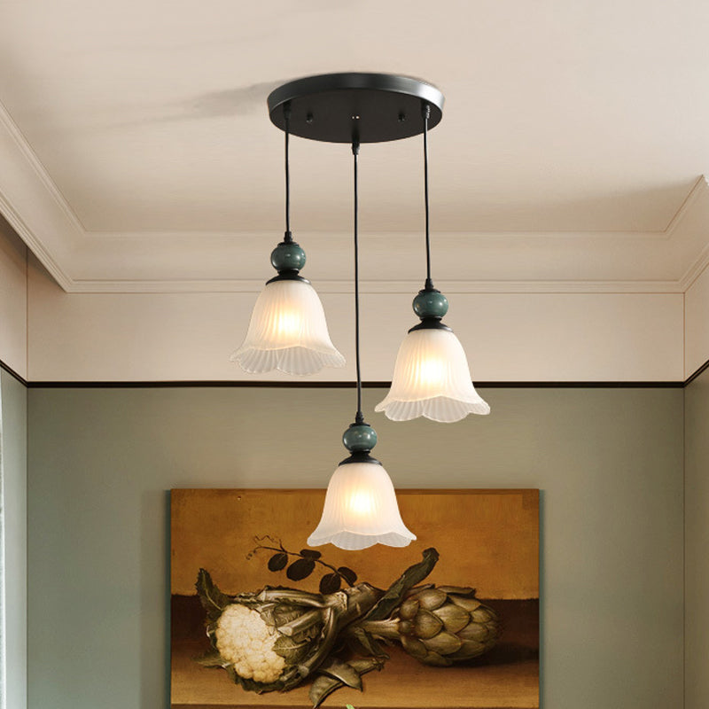 Glassone glassate in vetro a coste a vite ciondolo rustico 3 luci da pranzo Kit lampada a sospensione in nero con baldacchino rotondo/lineare