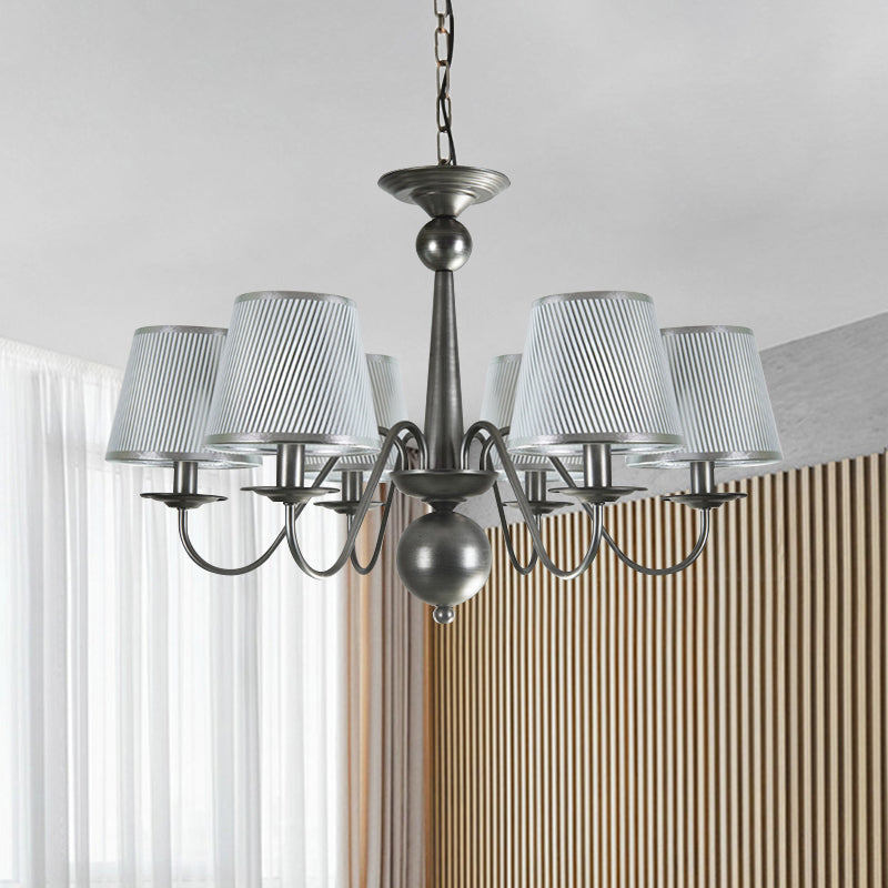 Metal plateado/azul/blanco y plateado brazo curvo de luz 6 luces Candelera colgante rústica con tono de tela de cono