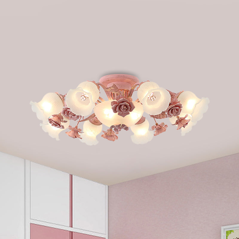 Rose Blossom Bedroom Flush Chandelier Pastoral Frosted Glass 7/11-Head Pink Ceiling Mount Light