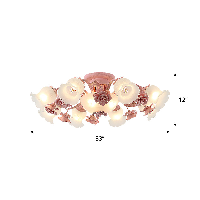 Rose Blossom Bedroom Flush Chandelier Pastoral Frosted Glass 7/11-Head Pink Ceiling Mount Light