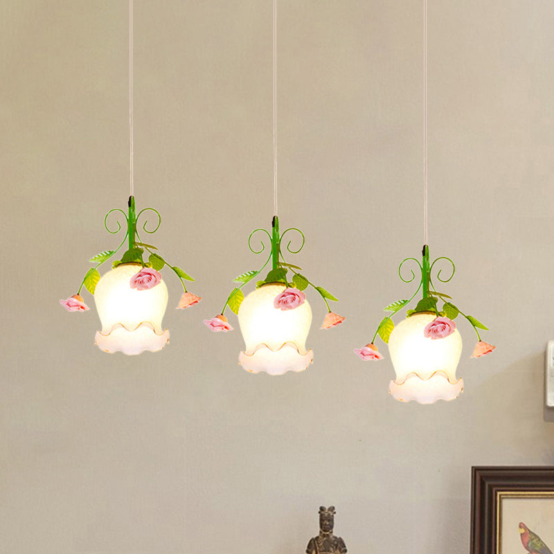 Opal Glass Ruffle Cluster Pendant Pastoral Style 3 Lights Dining Room Suspension Lamp in Green with Round/Linear Canopy