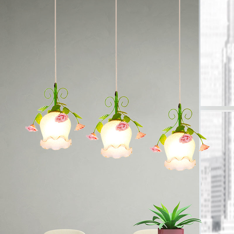 Opal Glass Ruffle Cluster Pendant Pastoral Style 3 Lights Dining Room Suspension Lamp in Green with Round/Linear Canopy