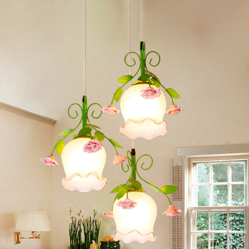 Opal Glass Ruffle Cluster Pendant Pastoral Style 3 Lights Dining Room Suspension Lamp in Green with Round/Linear Canopy