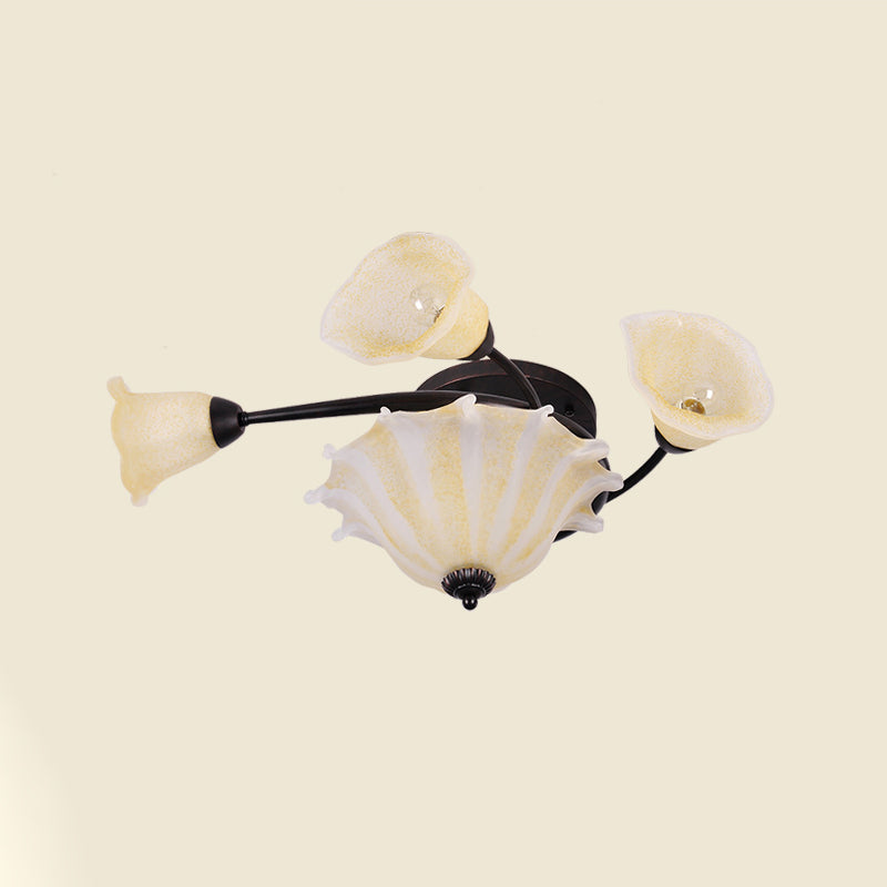 3-Light Flush Mount Lamp Countryside Whirled Frosted Glass Ceiling Lighting in Black