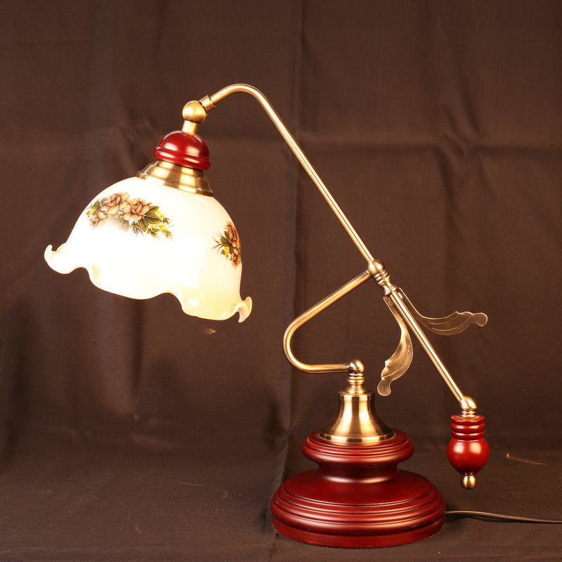 Luz de mesa de tazón retro con volantes 1 cabeza lámpara de vidrio blanco de vidrio con brazo de palanca marrón rojo dorado