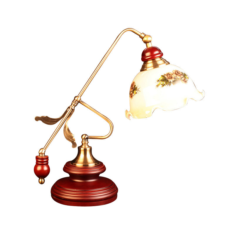 Luz de mesa de tazón retro con volantes 1 cabeza lámpara de vidrio blanco de vidrio con brazo de palanca marrón rojo dorado