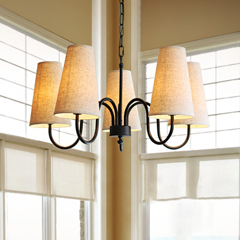 3/5 Bulbs Chandelier Lighting Fixture Rural Living Room Pendant Lamp with Conical Fabric Shade in Black