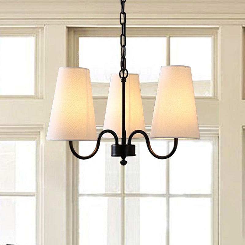3/5 Bulbs Chandelier Lighting Fixture Rural Living Room Pendant Lamp with Conical Fabric Shade in Black