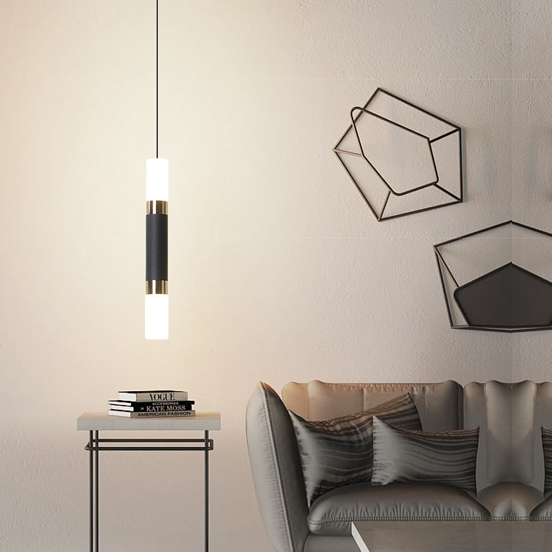 Tube Bedside Pendulum Light Iron Minimalist 10"/12"/12.5" High LED Hanging Pendant in Black, Warm/White Light