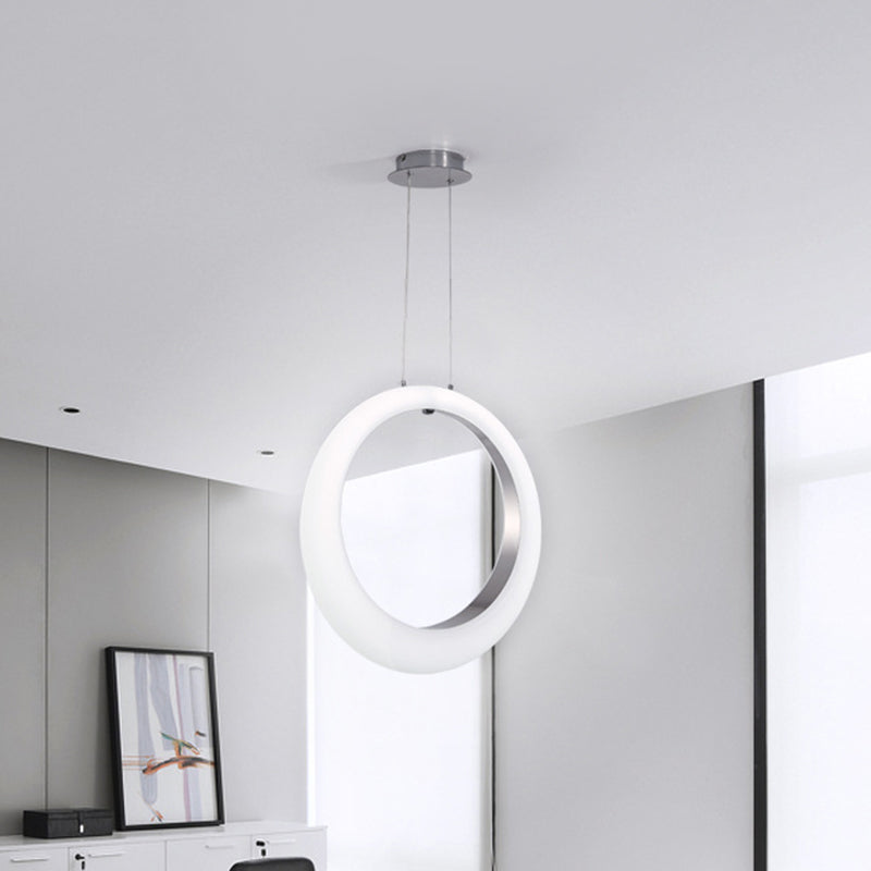Acrylic Hoop Drop Pendant Simplicity White and Silver Inner LED Hanging Ceiling Light