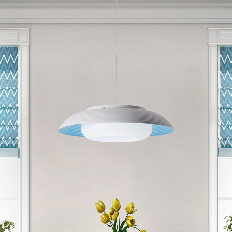Macaron Wide Bowl Pendant Light Iron Dining Table Suspension Lamp in Black/Blue with Inner Round Shade