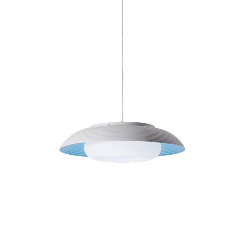 Macaron Wide Bowl Pendant Light Iron Dining Table Suspension Lamp in Black/Blue with Inner Round Shade