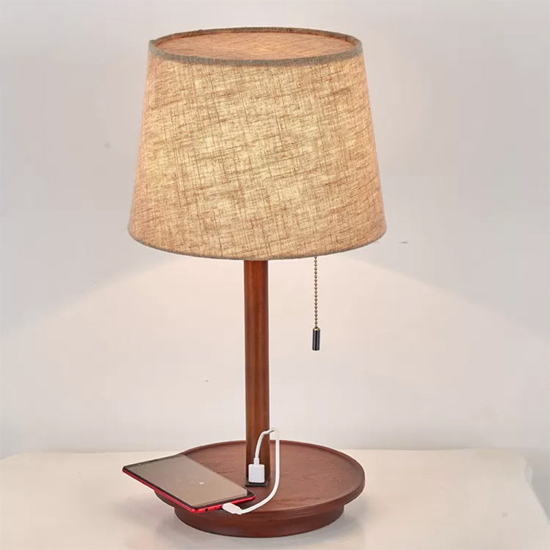 1-Light Bucket Pull Chain Night Lamp Rural Flaxen Fabric Table Light with USB Charging Port
