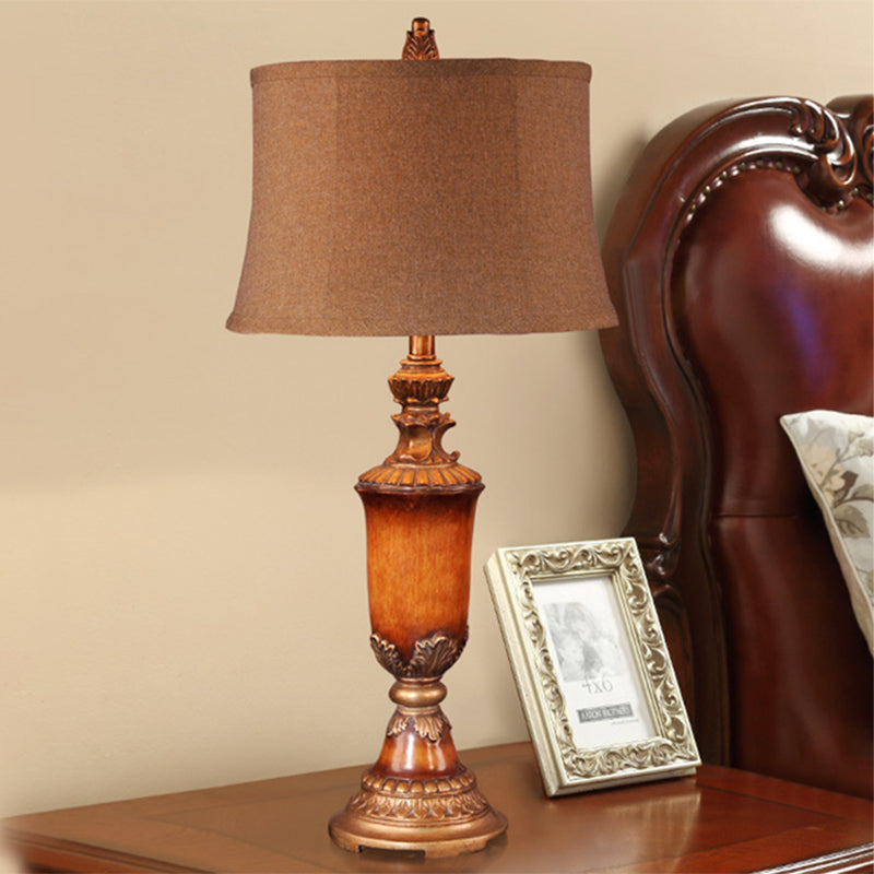 Urn Living Room Table Lamp Rural Fabric 1-Light Flaxen Night Stand Light with Curved Barrel Lampshade