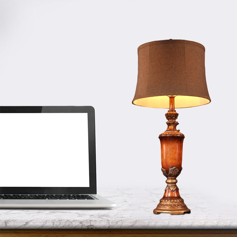 Urn Living Room Table Lamp Rural Fabric 1-Light Flaxen Night Stand Light with Curved Barrel Lampshade