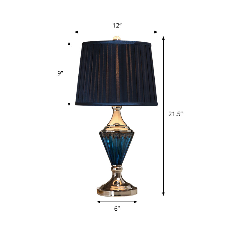 Blue Prismatic Glass Cone Night Light Vintage 1 Head Living Room Table Lamp with Pleated Shade in Black