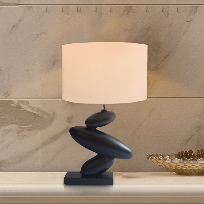 Single Straight Sided Shade Night Lamp Countryside White Fabric Table Lamp with Black Resin Cobble Base
