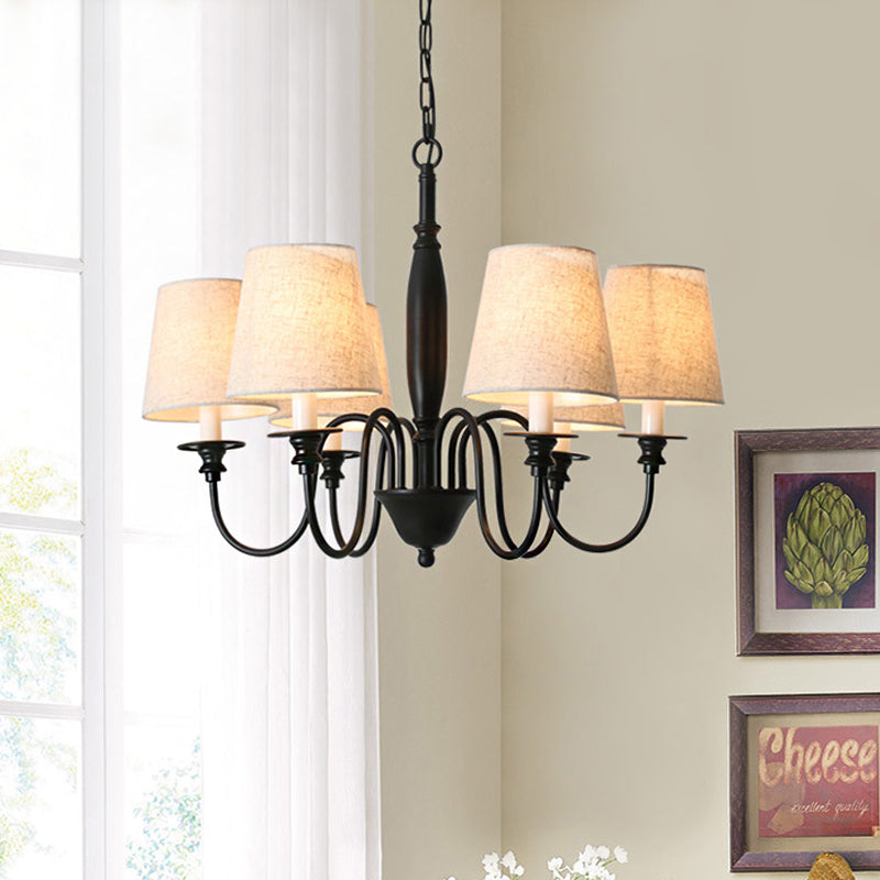 Zwart 6 koppen kroonluchter verlichting landstof stof taps toelopend hangende hanglamp met dompelende arm
