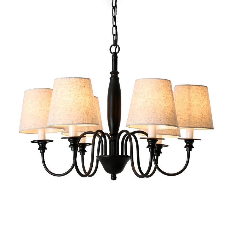 Zwart 6 koppen kroonluchter verlichting landstof stof taps toelopend hangende hanglamp met dompelende arm