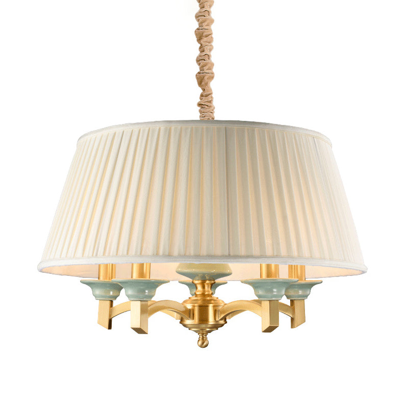 Tapered Drum Dining Room Chandelier Traditional Fabric 5-Head Brass Finish Hanging Ceiling Light