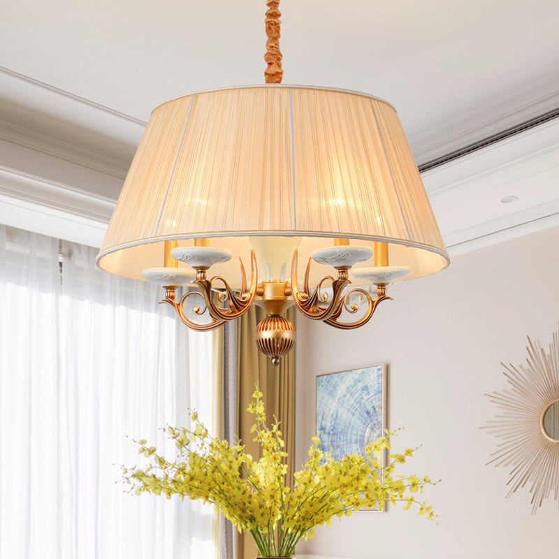 Classico lampadario a sospensione del tamburo 5 ciondoli in tessuto in tessuto in bianco per sala da pranzo