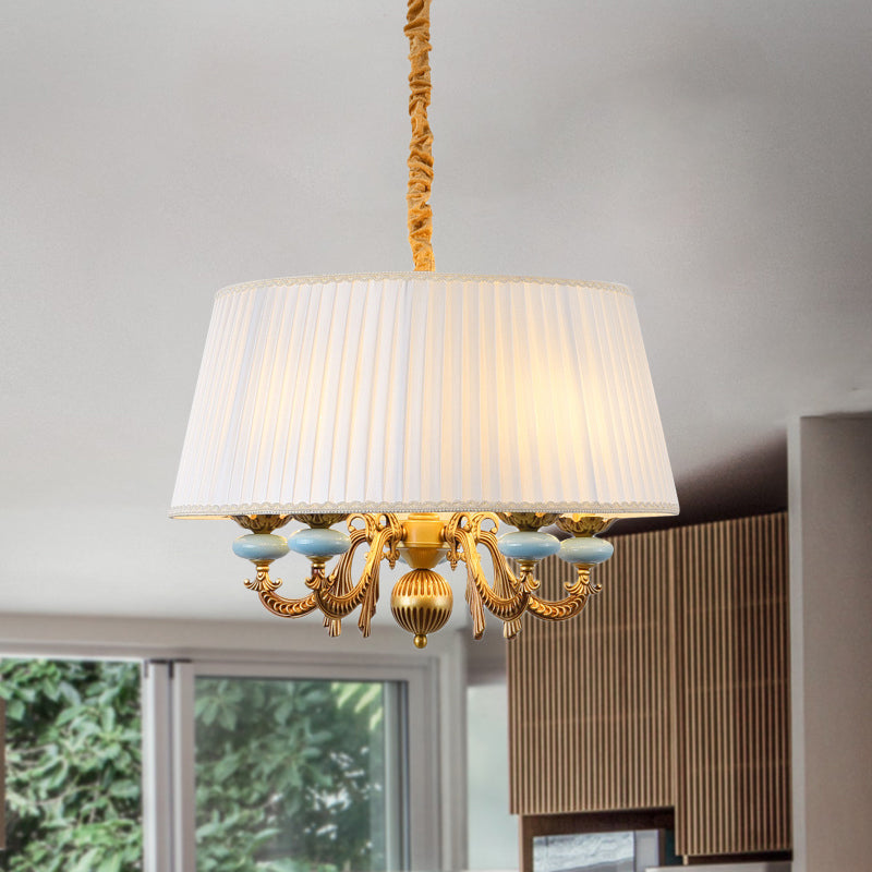 Classico lampadario a sospensione del tamburo 5 ciondoli in tessuto in tessuto in bianco per sala da pranzo
