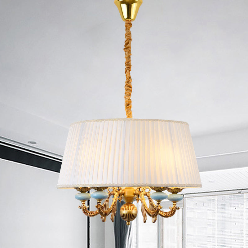 Classico lampadario a sospensione del tamburo 5 ciondoli in tessuto in tessuto in bianco per sala da pranzo