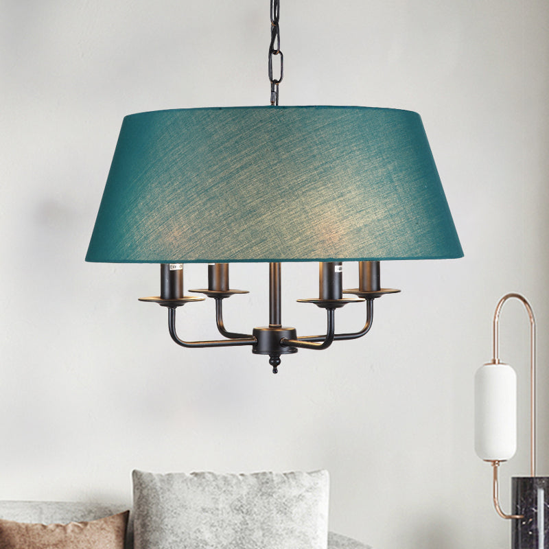 4 Lights Fabric Chandelier Light Rural Style Beige/Green Tapered Drum Dining Room Drop Pendant