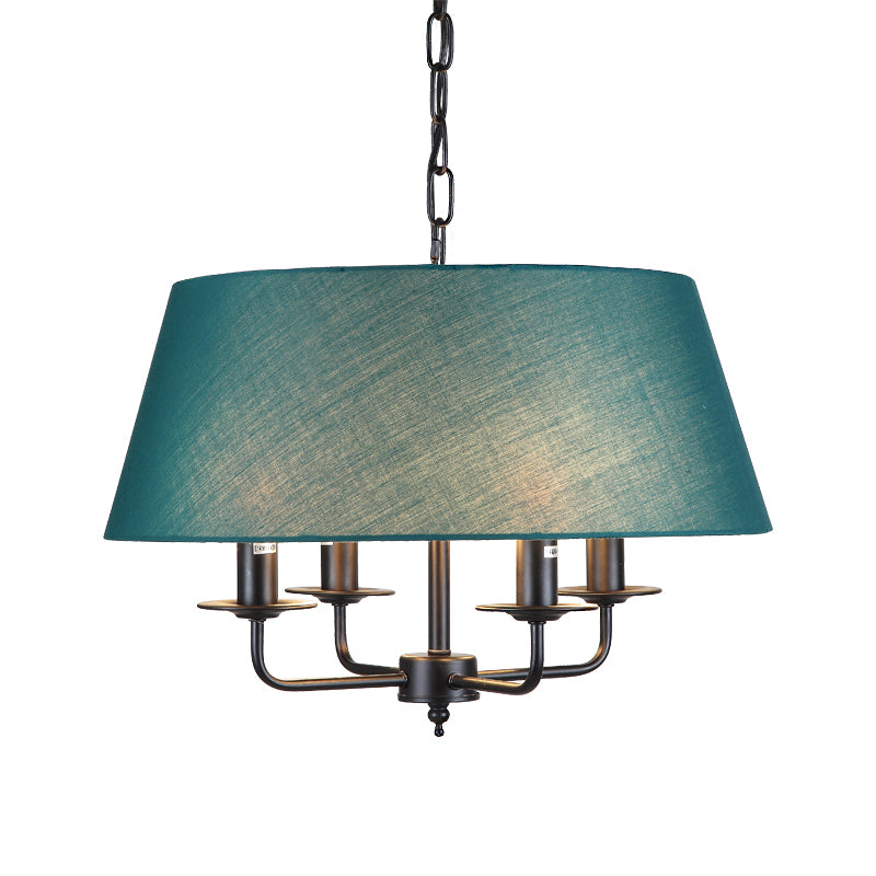 4 Lights Fabric Chandelier Light Rural Style Beige/Green Tapered Drum Dining Room Drop Pendant