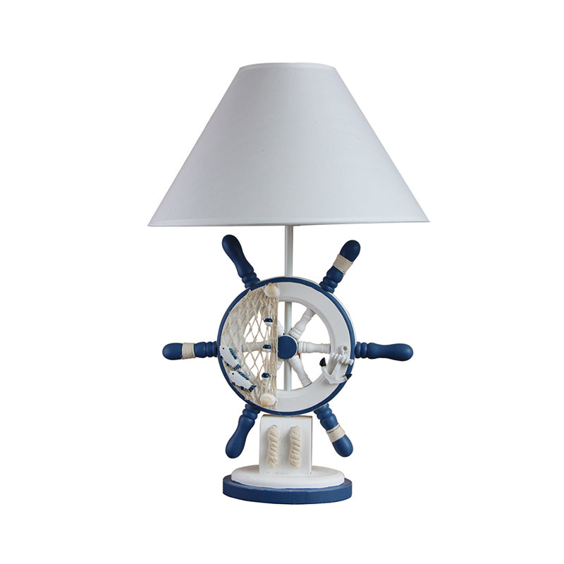 Luz de mesa de noche con forma de timón de madera, lámpara de noche azul única de estilo mediterráneo con pantalla de tela cónica