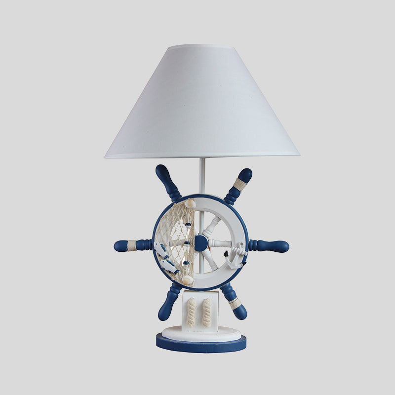 Luz de mesa de noche con forma de timón de madera, lámpara de noche azul única de estilo mediterráneo con pantalla de tela cónica