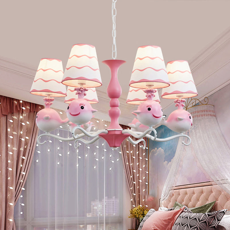 Blue/Pink Whale Shaped Chandelier Light Cartoon 6 Heads Resin Radial Pendant Lamp Fixture with Cone Fabric Shade