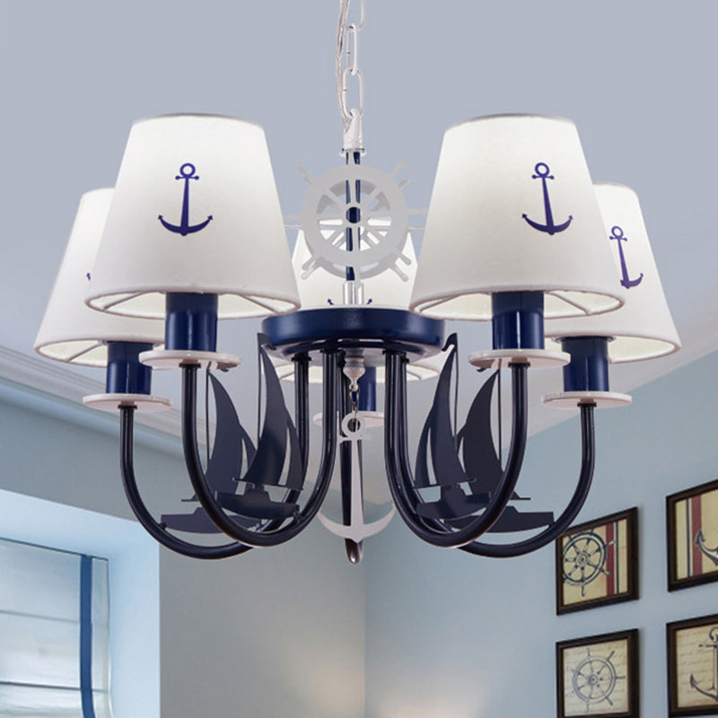 5/6-Light Bedroom Hanging Chandelier Mediterranean Blue Ceiling Suspension Lamp with Barrel Fabric Shade