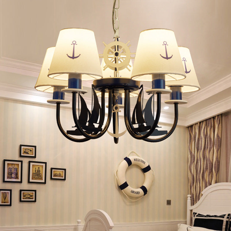 5/6-Light Bedroom Hanging Chandelier Mediterranean Blue Ceiling Suspension Lamp with Barrel Fabric Shade
