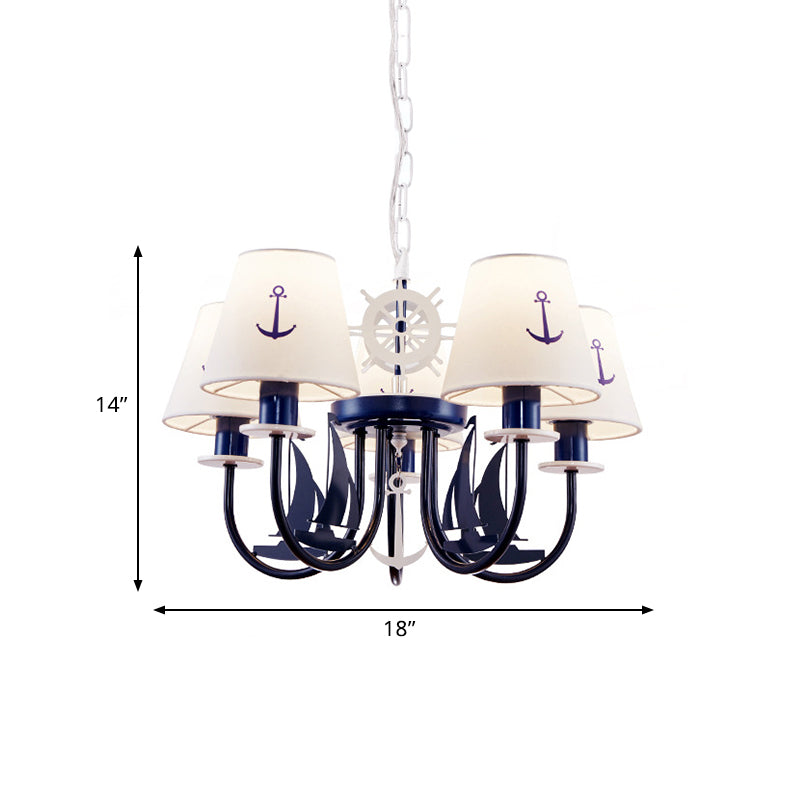 5/6-Light Bedroom Hanging Chandelier Mediterranean Blue Ceiling Suspension Lamp with Barrel Fabric Shade