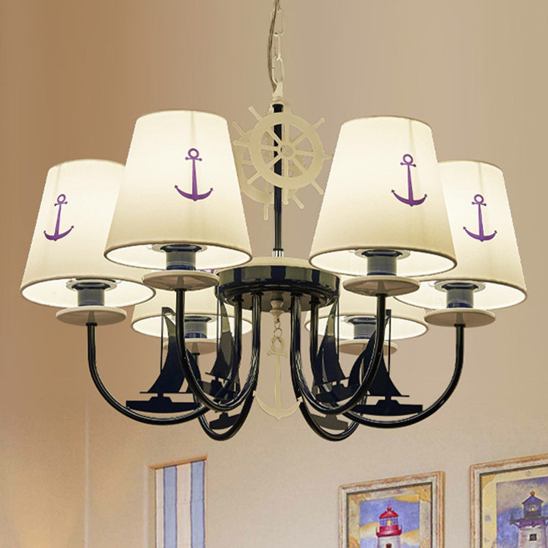 5/6-Light Bedroom Hanging Chandelier Mediterranean Blue Ceiling Suspension Lamp with Barrel Fabric Shade