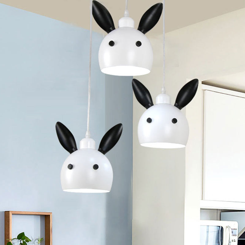 Rabbit Head Shape Down Lighting Cartoon Metallic 1-Head Bedside Pendulum Lamp in White and Black