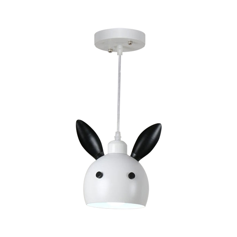 Rabbit Head Shape Down Lighting Cartoon Metallic 1-Head Bedside Pendulum Lamp in White and Black