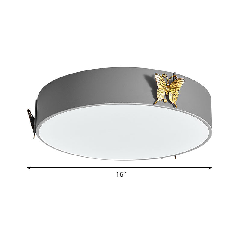 Drum Ceiling Mounted Light Nordic Metal LED Bedroom Flush Lamp Fixture in Grey with Butterfly Deco, White/Warm Light