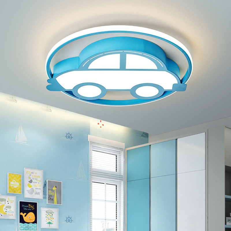 Cartoon Car Shape Flush Light Fixture Metal LED Bedroom Flush Mount Lamp in Blue, White/Warm Light