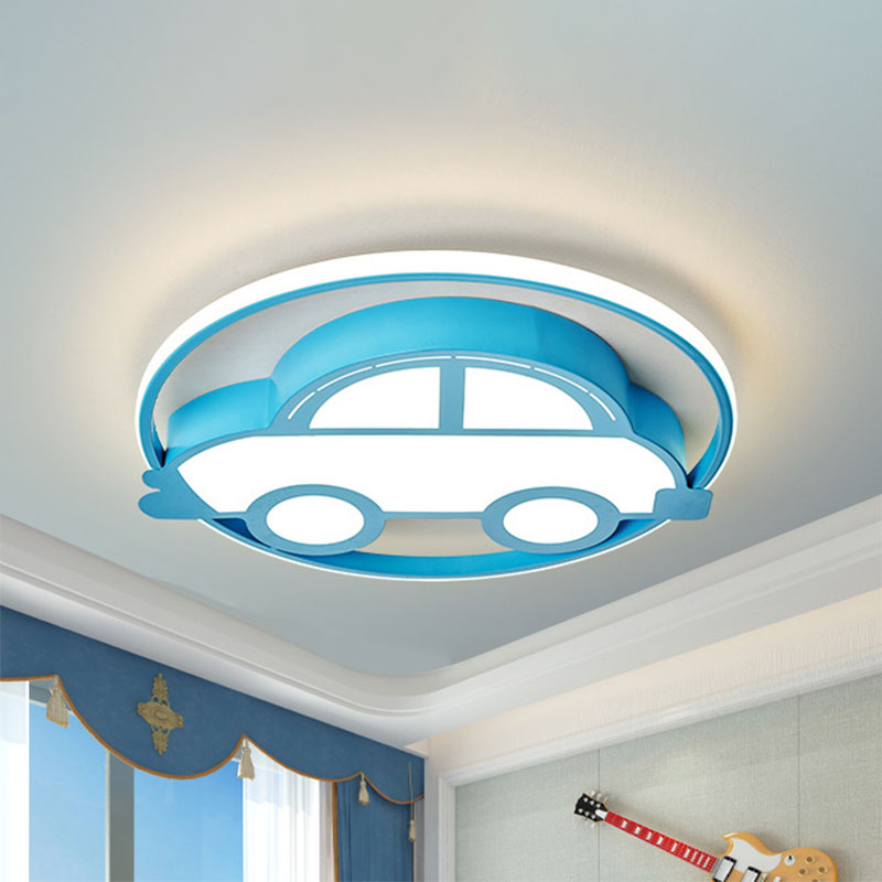 Cartoon Car Shape Flush Light Fixture Metal LED Bedroom Flush Mount Lamp in Blue, White/Warm Light