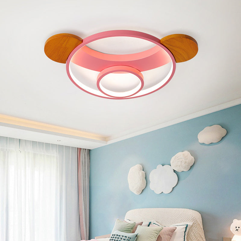 16"/19.5" W Bear Head Shape Flush Lamp Cartoon Metal LED Bedroom Flush Mount in Pink/Blue and Wood, Warm/White Light