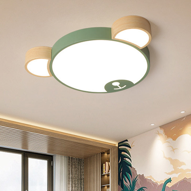 Metallic Bear Head Shaped Flushmount Nordic Grey/Green and Wood LED Ceiling Flush in Warm/White Light, 18"/21.5" Wide