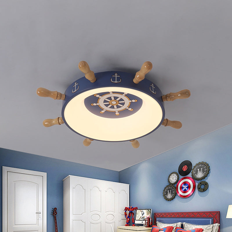 Kids Rudder Shape Flush Mount Fixture Metal LED Bedroom Flush Lighting in Dark Blue and Wood/Blue, White/Warm Light