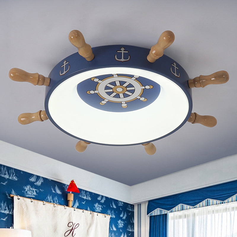 Kids Rudder Shape Flush Mount Fixture Metal LED Bedroom Flush Lighting in Dark Blue and Wood/Blue, White/Warm Light