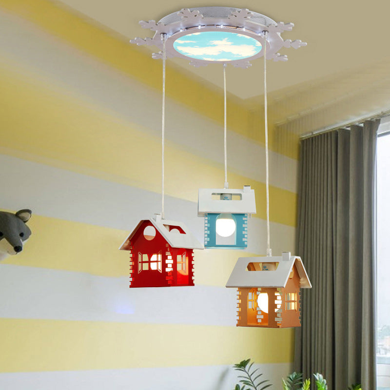 Metallic House Shape Multi Light Pendant Macaron 3 Heads Red-Yellow-Blue Suspension Lamp